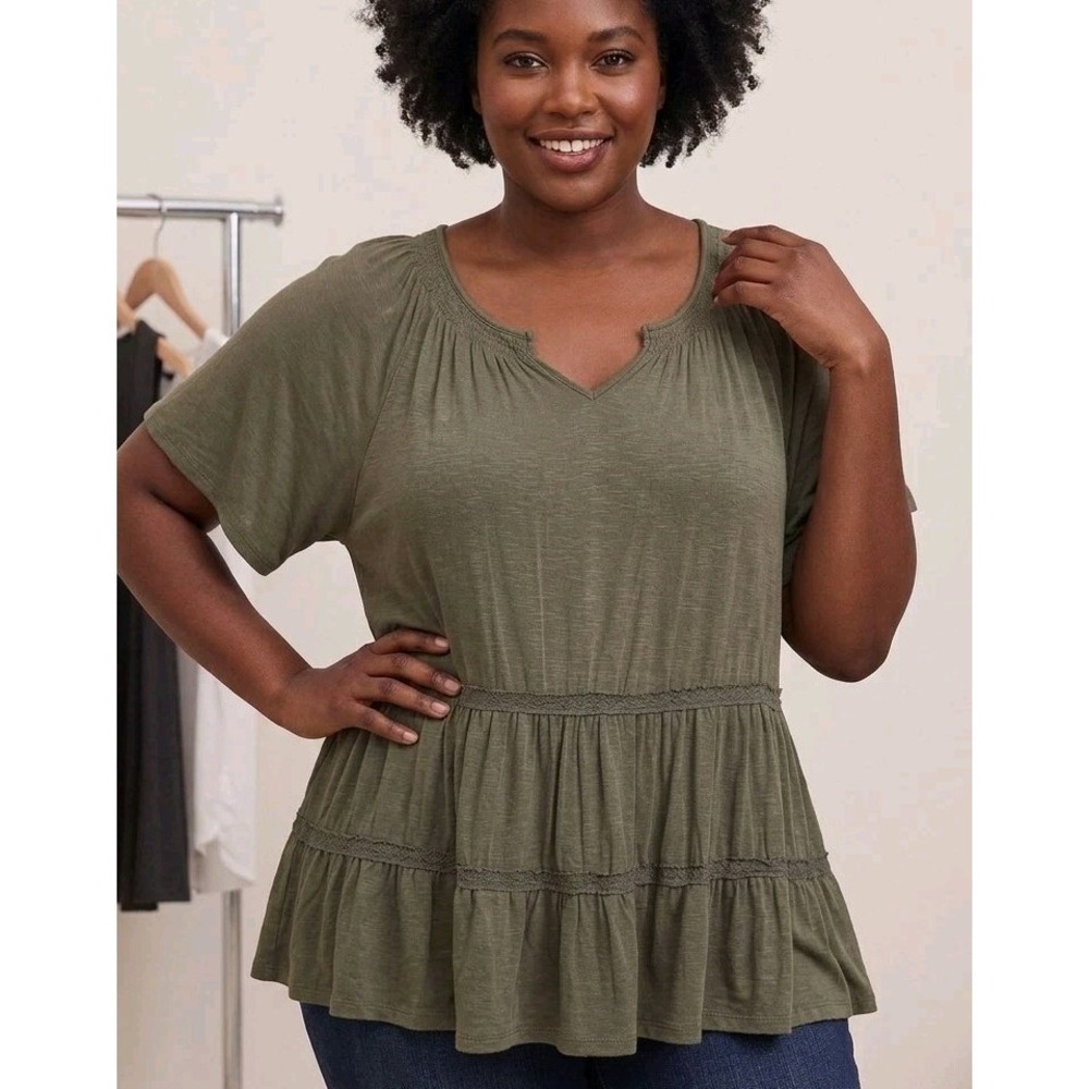 Cato Babydoll Blouse Plus Size 22/24 3X Olive Green Tiered Ruffle